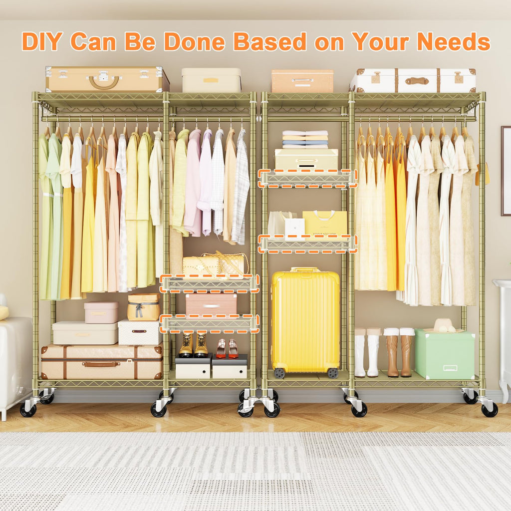 F4R Heavy Duty Clothes Rack(With Lockable Wheels )Rolling Clothing Racks for Hanging Clothes, Adjustable Closet