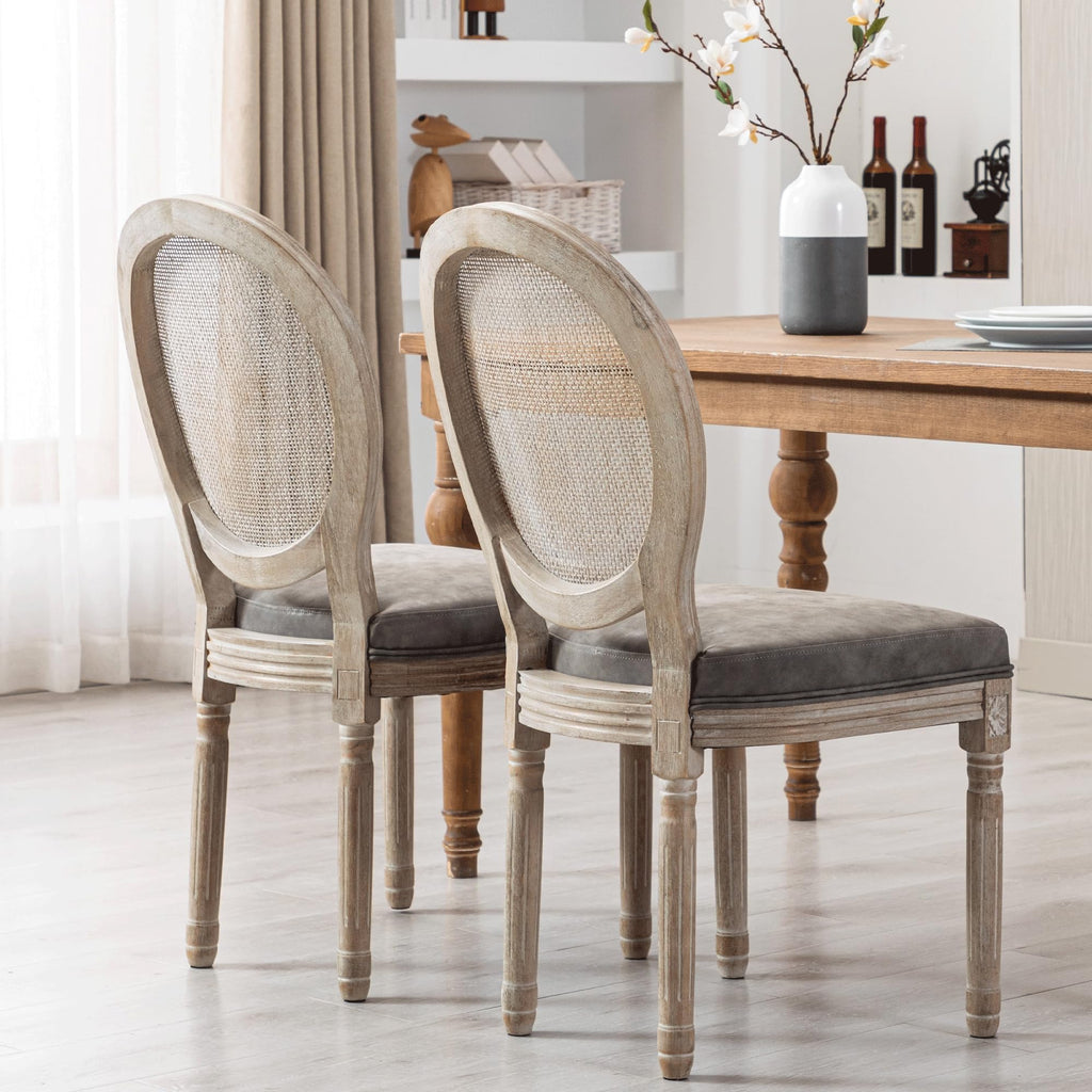 Farmhouse Leather Dining Room Chairs Set of 2 French Dining Chairs with Round Rattan Back French Bistro Chairs