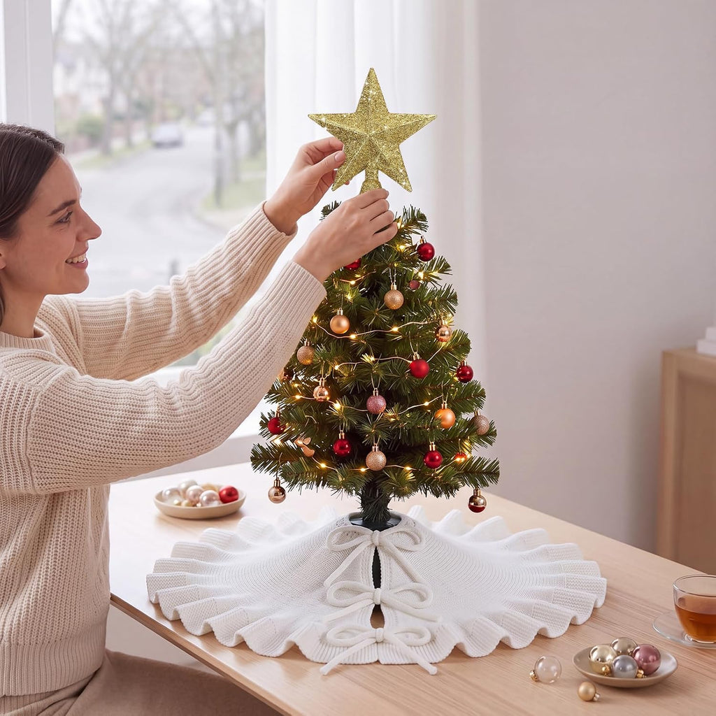 White Mini Christmas Tree Skirt 18" with Star Tree Topper - Set of 2
