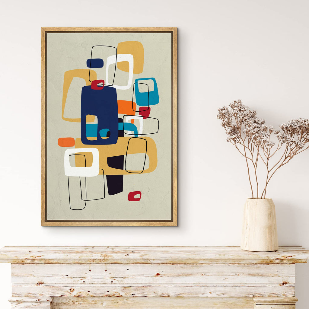 Framed Canvas Print Wall Art Mid-Century Modern Colorful Polygon Collage Abstract Shapes Illustrations Minimalism