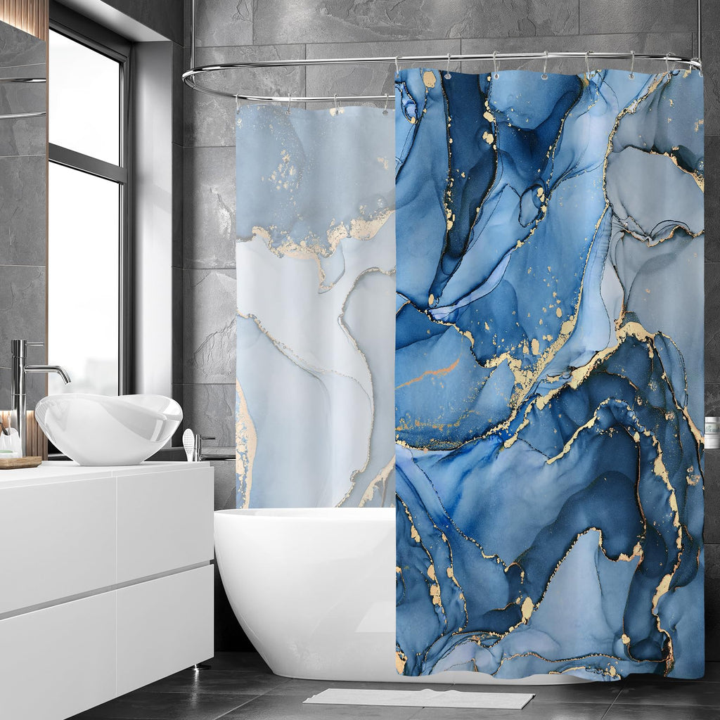 Extra Wide Marble Shower Curtain 108 x 72 for Claw Foot Tub, Blue