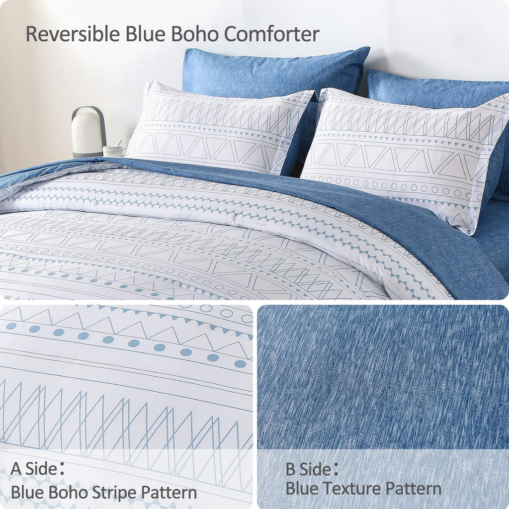 Blue Boho Bed in a Bag King, 7 Pieces Navy Comforter Set Queen Geometric Comforter Bedding Set Reversible Soft