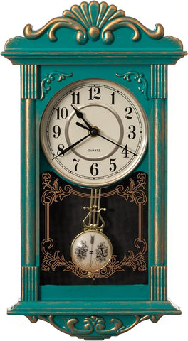 Vintage Grandfather-Style Wall Clock with Wood-Effect Plastic Pendulum, Battery-Operated - for Home Decor, Living Room, Home Office, Kitchen or Dining Room Ð Green with Distressed Finish A134-B0F9B5HYK1