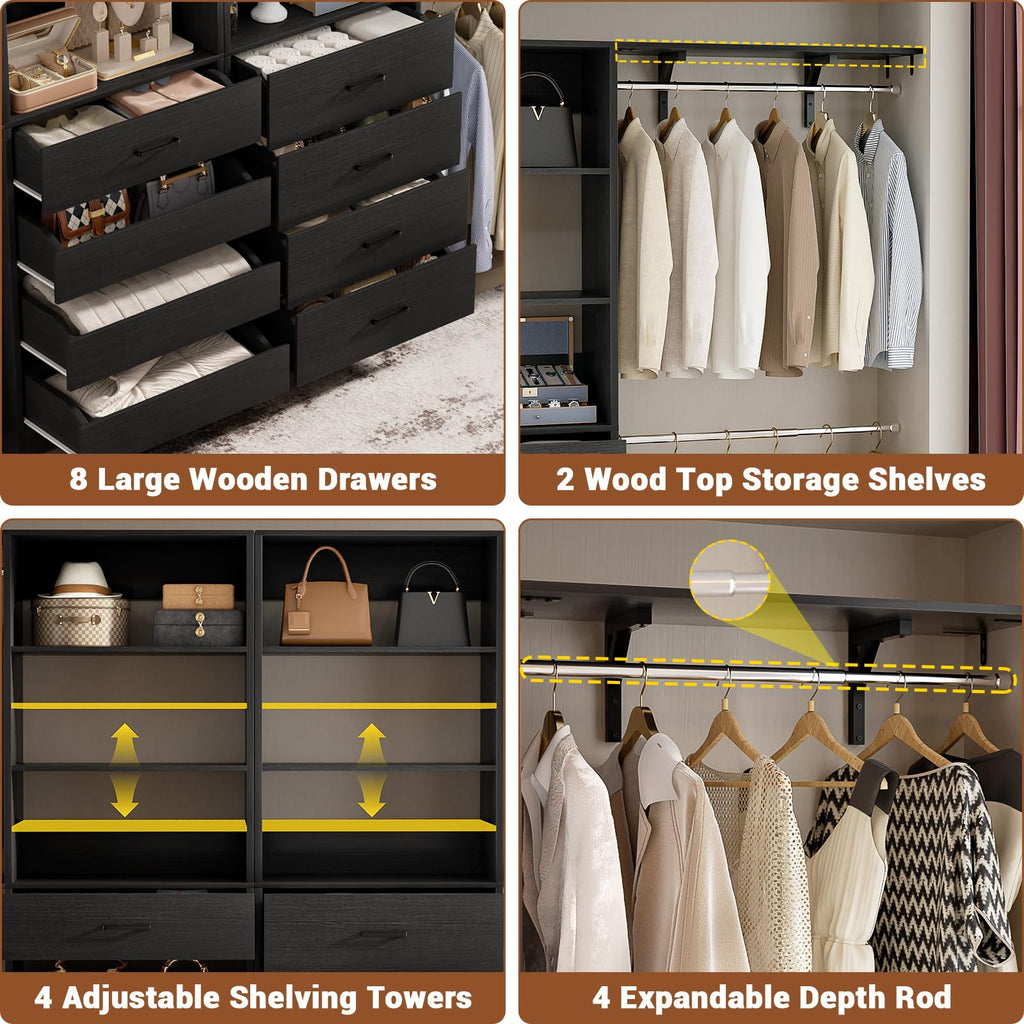 Closet System, Wood Closet Organizer System with 8 Drawers &4 Rods
