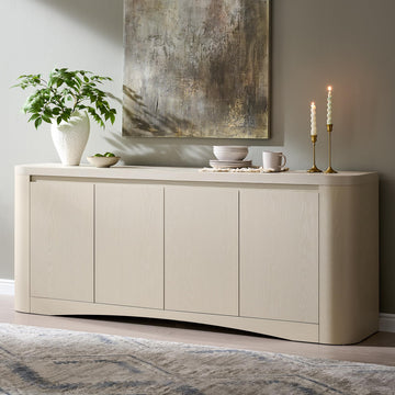 Modern Curved 70" Buffet Cabinet with 4 Storage Doors, Cream
