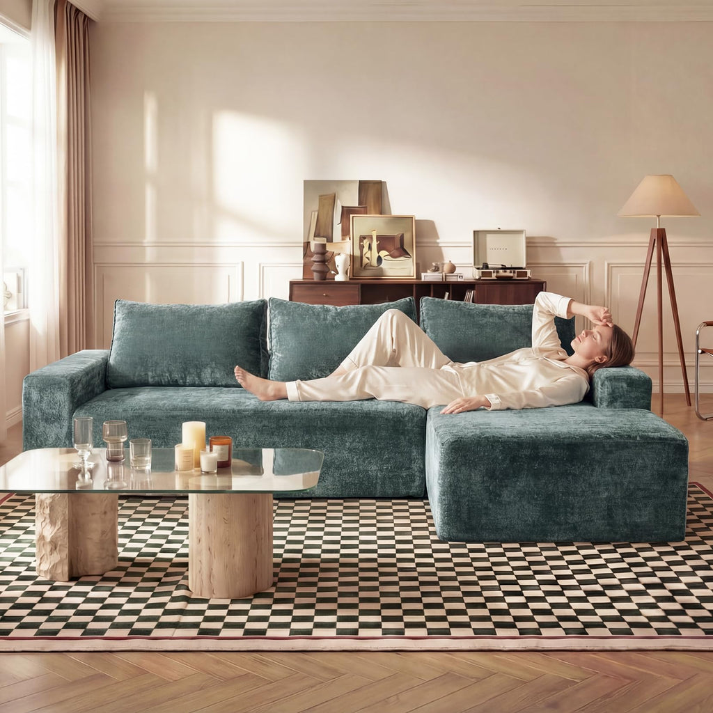 95" Boneless Couch, L-Shape Sectional with Right Chaise, Green