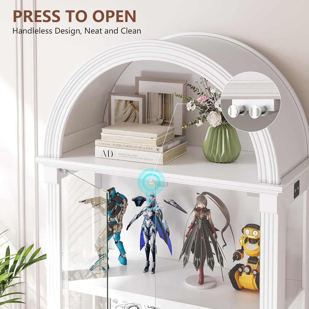 Curio Cabinet with Glass Doors & LED Lights | 72" Tall, Arched Display Cabinet, Human Sensor Lights, 4-Tier Large