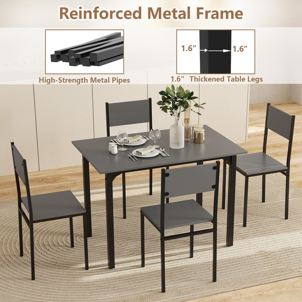 5-Piece Dining Table Set, Industrial Kitchen Table and Chairs for 4 with Backrest and Metal Frame, Rectangular
