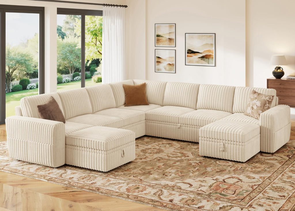 Oversized Corduroy Sleeper Sectional Sofa with Pull Out Bed, Beige