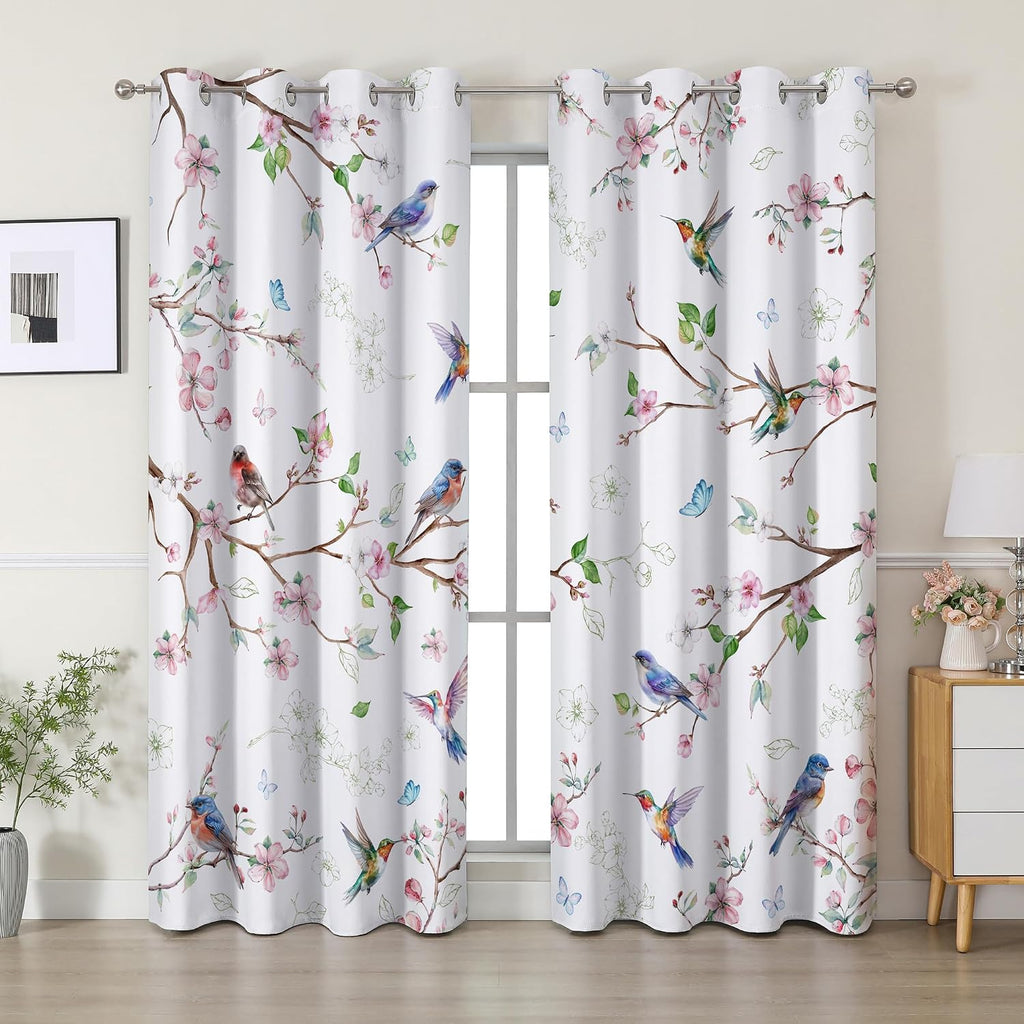 Spring Curtains 96 Inches Long, Floral Bird Branch Living Room Blackout Curtains Room Darkening, Farmhouse Light