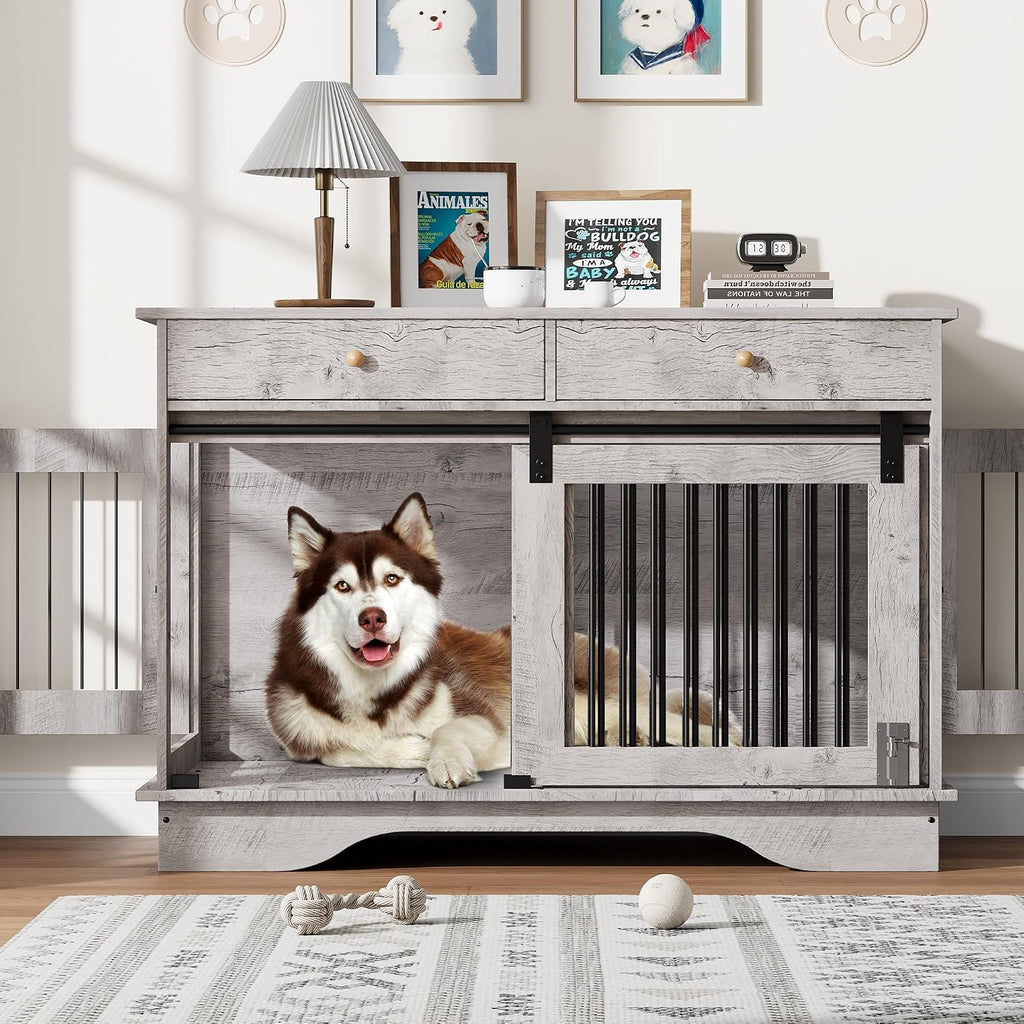 47" Dog Crate Furniture for 2 Dogs, Double Dog Kennel with Removable Divider & 2 Drawers, Decorative TV Stand Side
