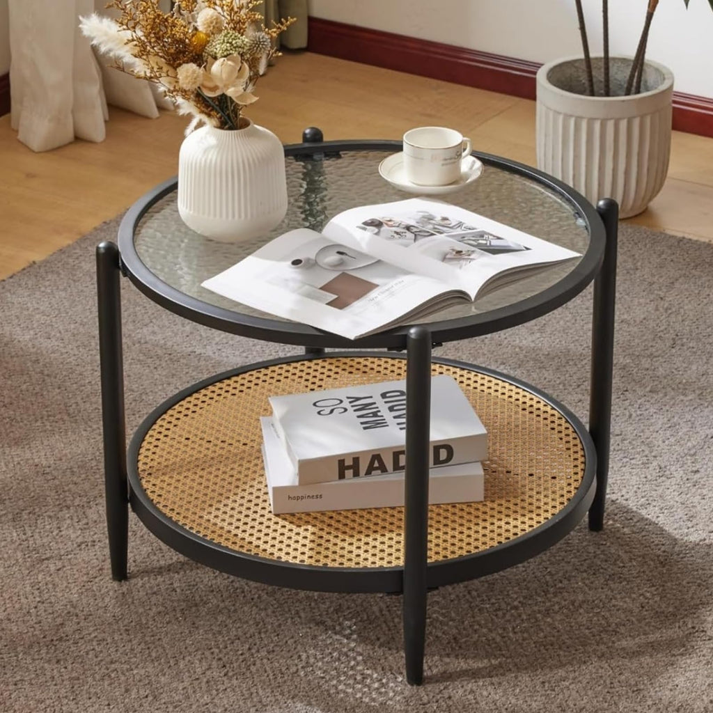 25.6" Round Glass Coffee Table, Rattan Coffee Table, Black