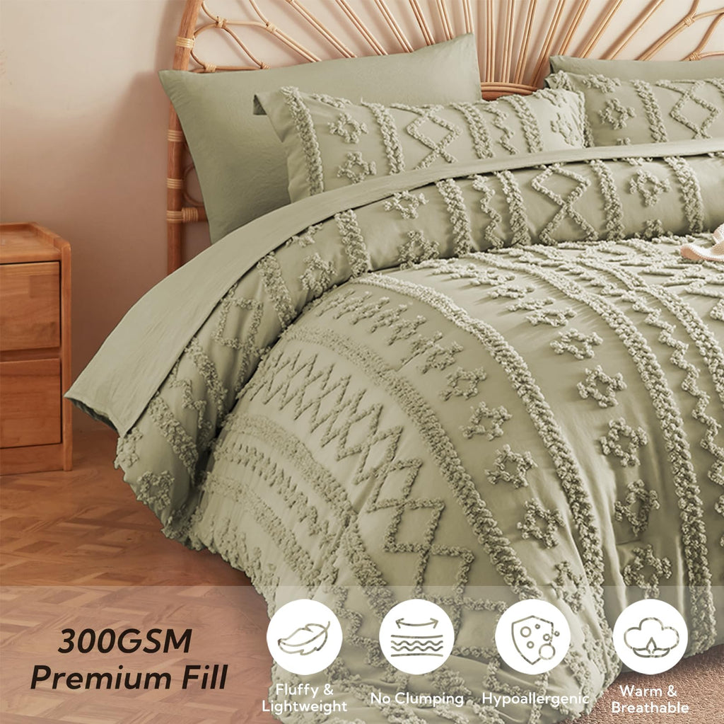 Queen Comforter Set 7 Pieces, Tufted Boho Beddding Set Sage Green