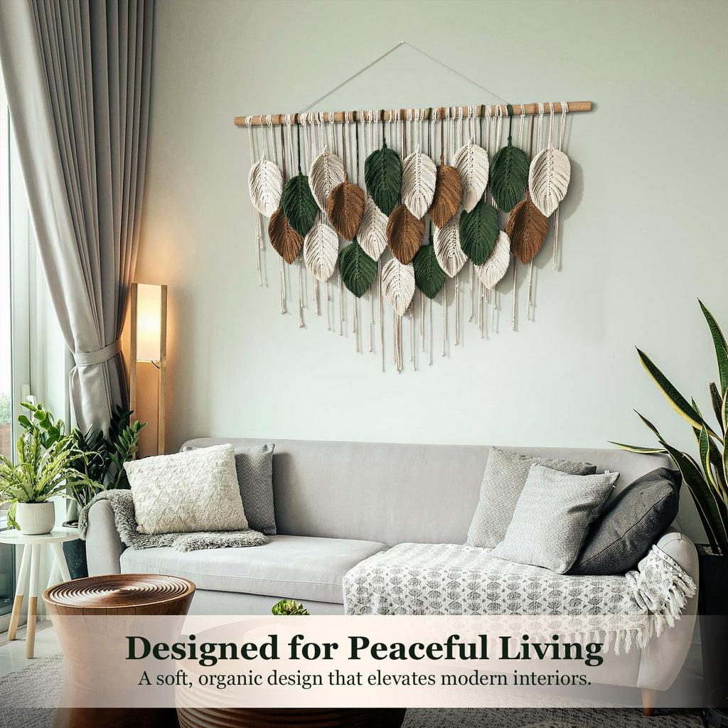 Macrame Wall Hanging Boho Woven Tapestry, 39" x 31.5" Modern Bohemian Leaf Feather Wall Art Decorations Dorm Living
