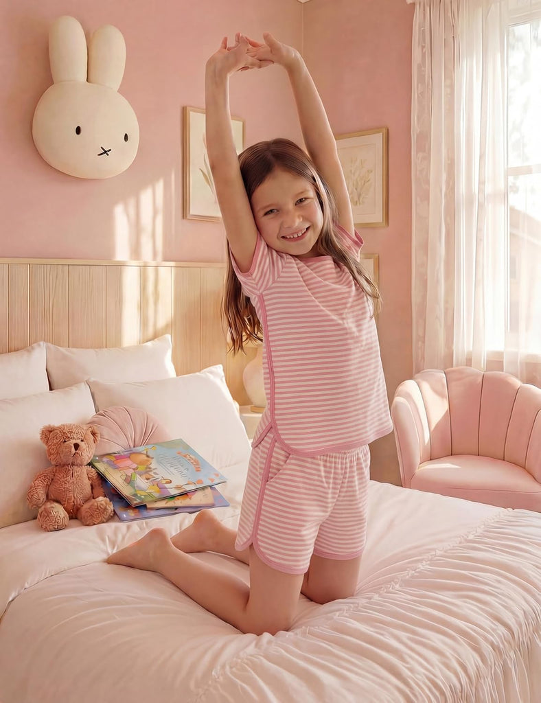Girls Pajamas Organic Cotton Loose Fit Kids Pjs 2 Piece Sleepwear Short Sleeves & Short Pants Girls Clothes