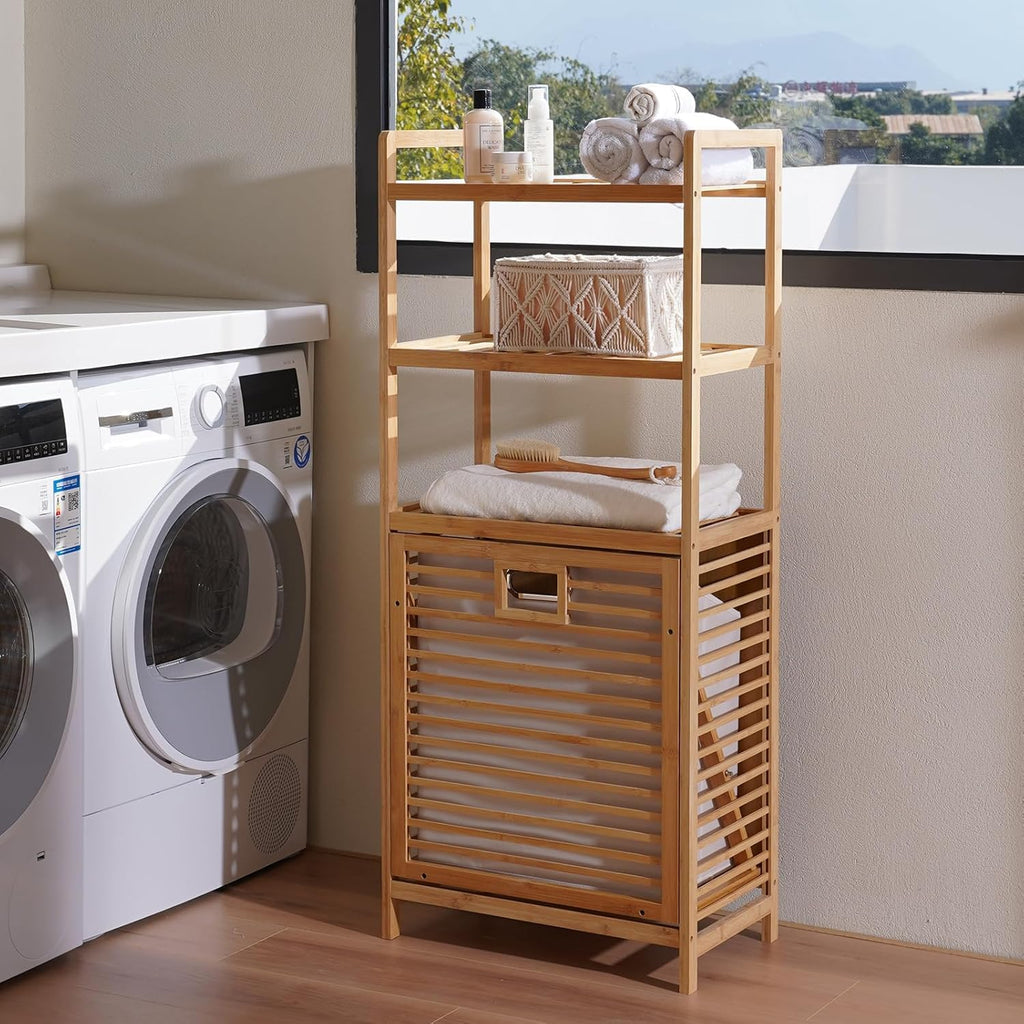 Tilt Out Laundry Hamper with 3 Tier - Bamboo Laundry Basket, Natural