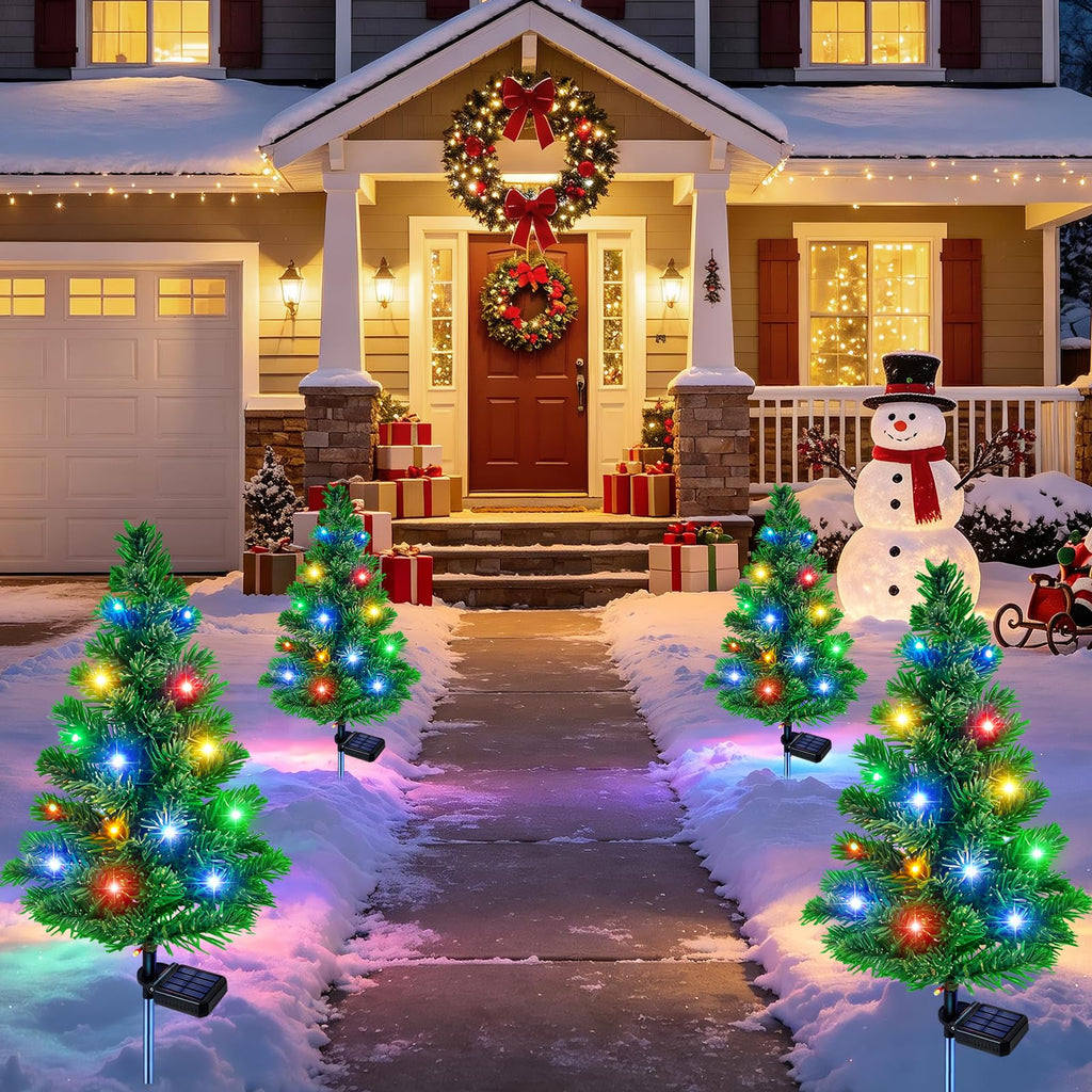 Solar Christmas Tree, 4 Pack Pre-Lit Garden Stake Lights Outdoor Decor