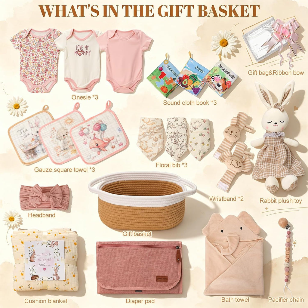 Baby Girl Gifts for Newborn, Baby Girl Gift Basket with Bunny Plush Toy, Onesie, Blanket & Diaper Caddy Organizer
