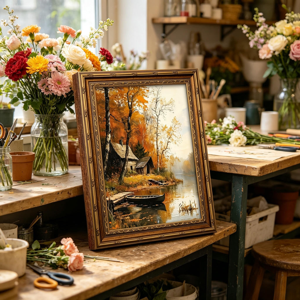 Vintage Gold Framed Wall Art, Autumn Lake Cabin with Boat Oil Painting Print, Rustic Fall Landscape Decor, Cabin