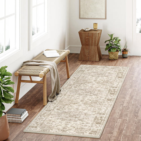 2x8 Washable Neutral Runner Rug Beige Vintage Hallway Kitchen Carpet Non-Slip Soft Low Pile Farmhous