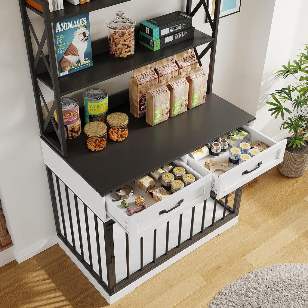 42"×65.4"Dog Crate Furniture, Pet Cage with Storage Drawers & Shelves, Wooden Dog House Indoor. Modern White&Black