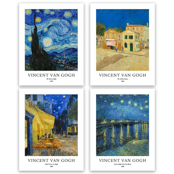 Van Gogh Starry Night Wall Art Set of 4, 12x16 Unframed Giclee Prints, Cafe Terrace at Night, Yellow House, Blue Gold