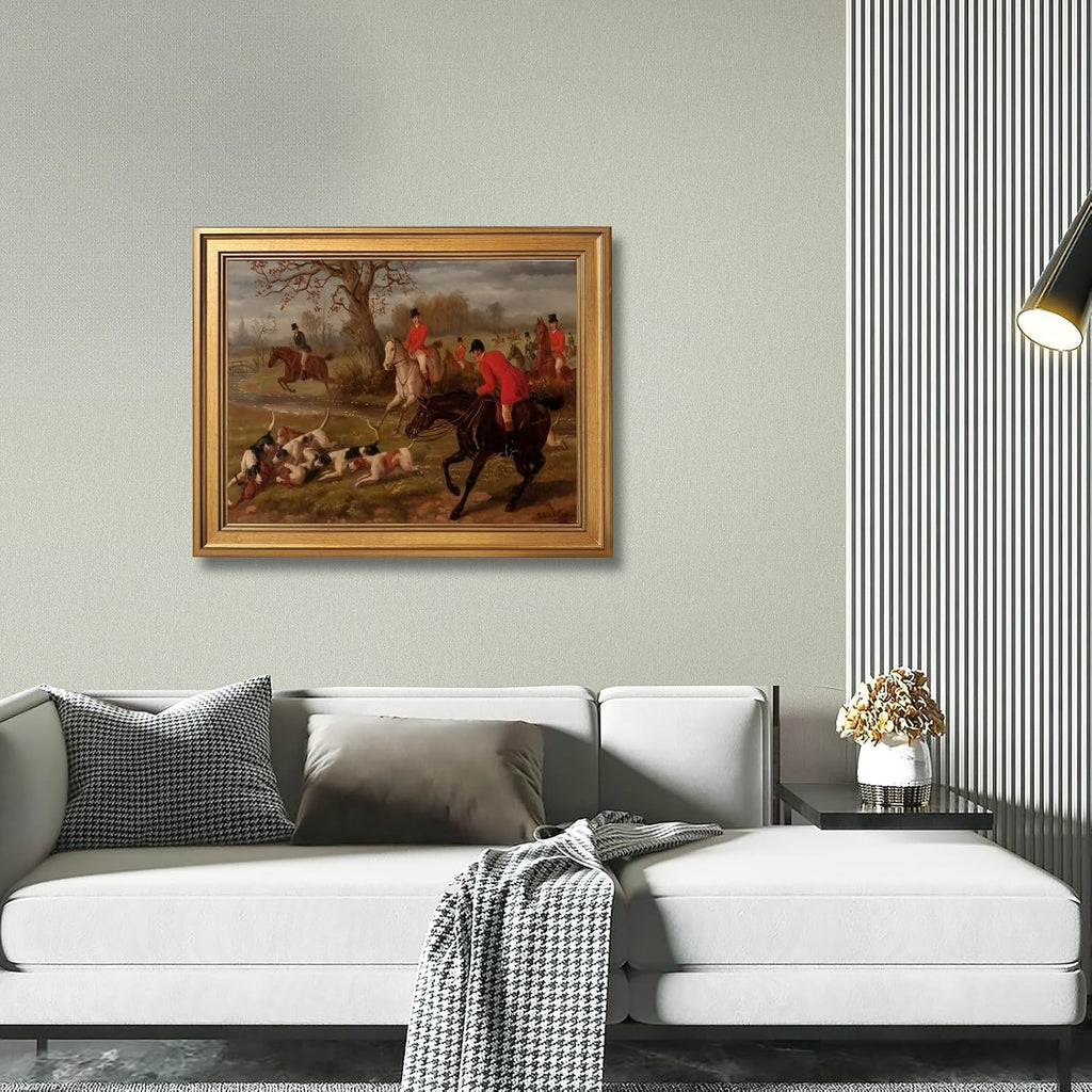 Gold Framed Vintage Equestrian Fox Hunting Wall Art Classic 19th Century Sports Oil Painting Reproduction Posters