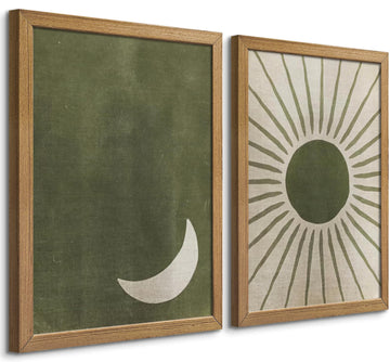 Sage Green Boho Wall Art Set of 2, Wood Framed Sun and Moon Decor, Minimalist Mid Century Modern Celestial Prints