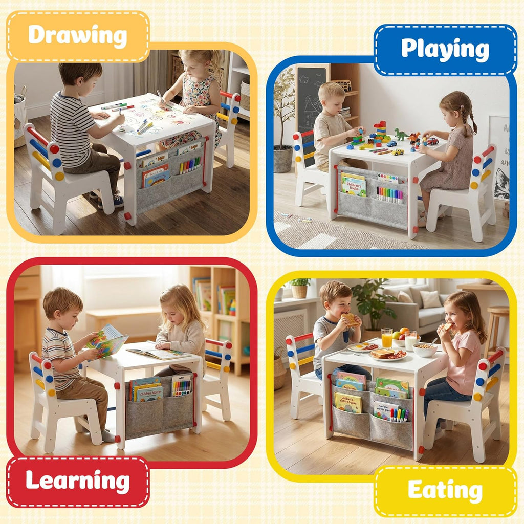 In-1 Kids Table & Chairs Set, Graffiti Desktop & Storage, White
