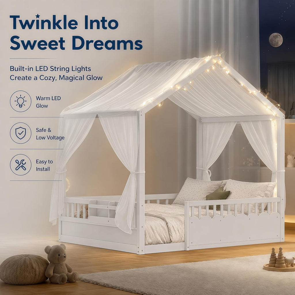 Floor Bed Frame, Wooden Canopy House Bed Frame, White