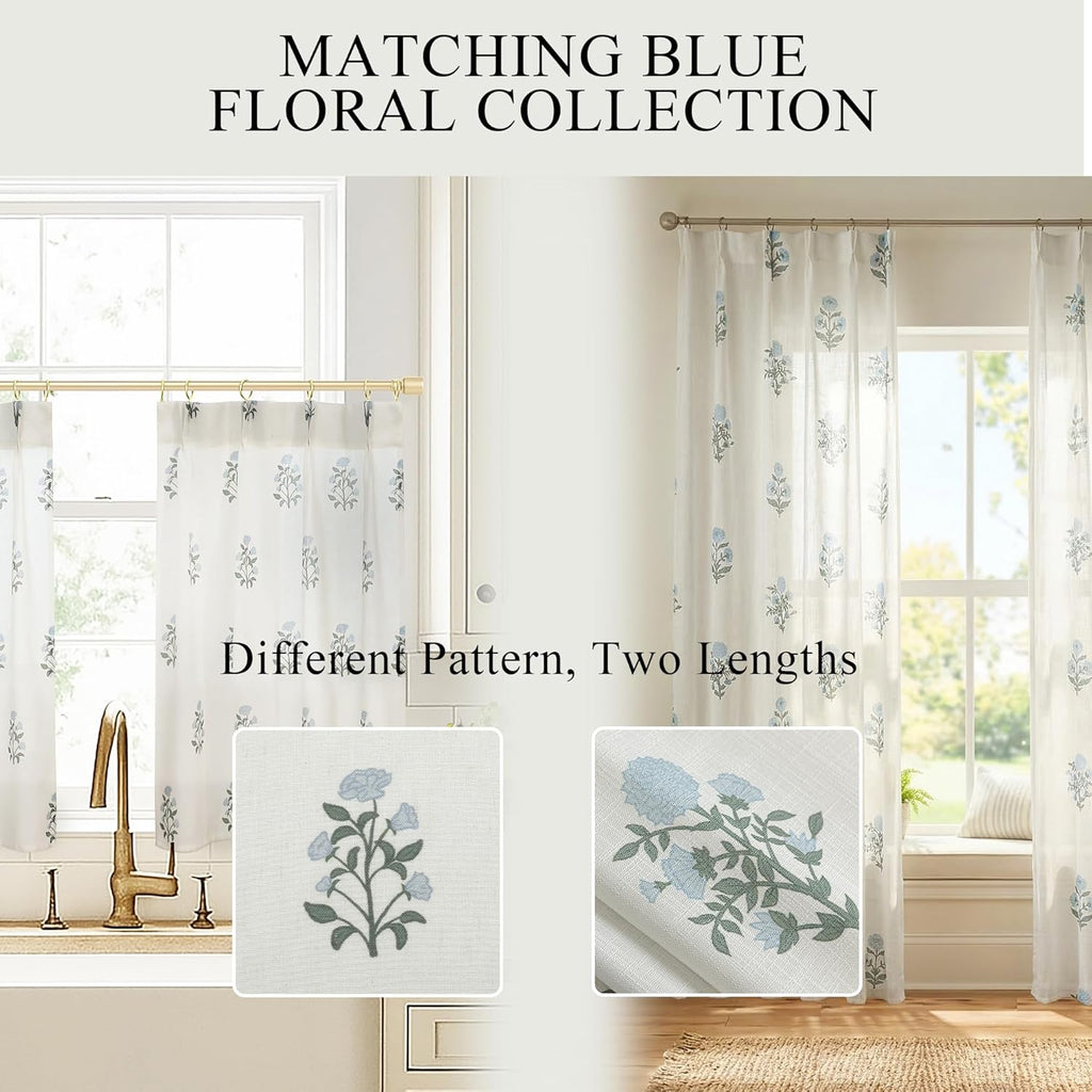 Cafe Curtains,Pinch Pleated Small Window Curtains Over Sink,Farmhouse Linen Sheer Blue and Green Floral Vintage Block