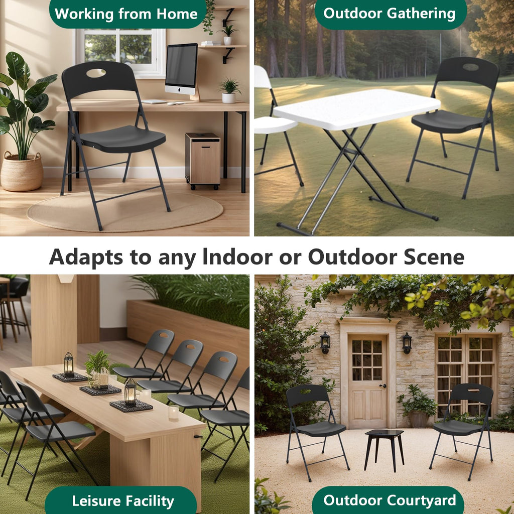 10 Pack Black Folding Chair, Plastic Portable Stackable Commercial Seats with Steel Frame 350lb, Heavy Duty Foldable