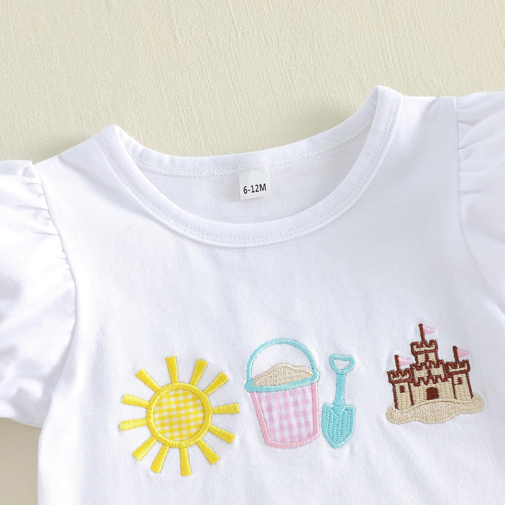 Toddler Baby Girl Puff Short Sleeve T-Shirt+ Plaid Shorts Castle/Lineworker Embroidery Clothes 2PCS Outfit Set