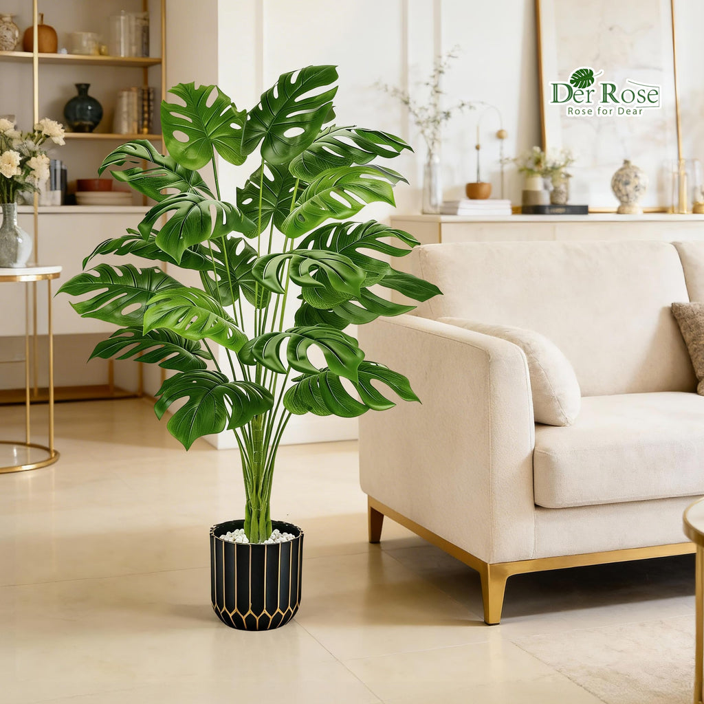 44" Fake Monstera Plant, Artificial Floor Plant in Black Gold Pot