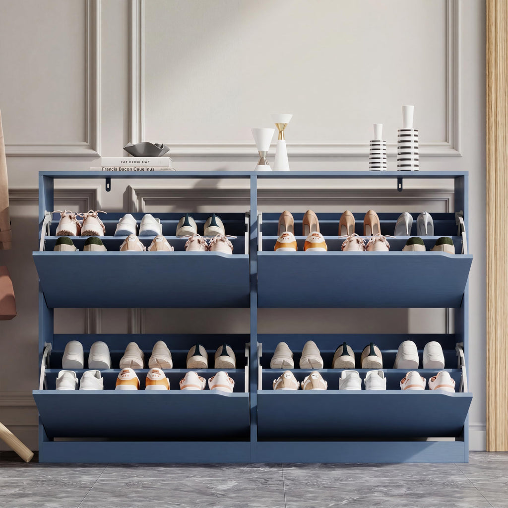Shoe Storage Cabinet with 4 Flip Drawers, Sturdy Wood Hidden Shoe Storage, Freestanding Narrow Slim Shoe Organizer