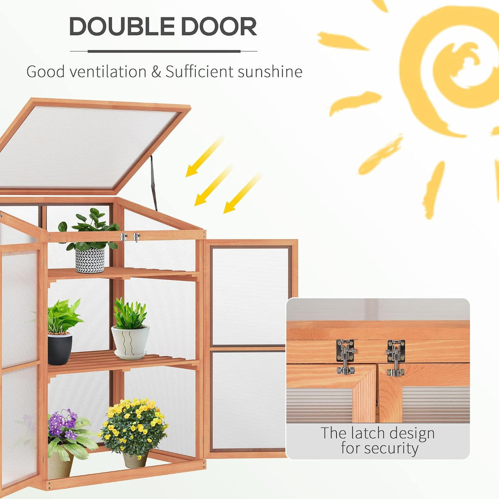 Mini Wooden Greenhouse, Outdoor Gardening Polycarbonate Small Green House with Openable Roof Vent and Shelves, Cold