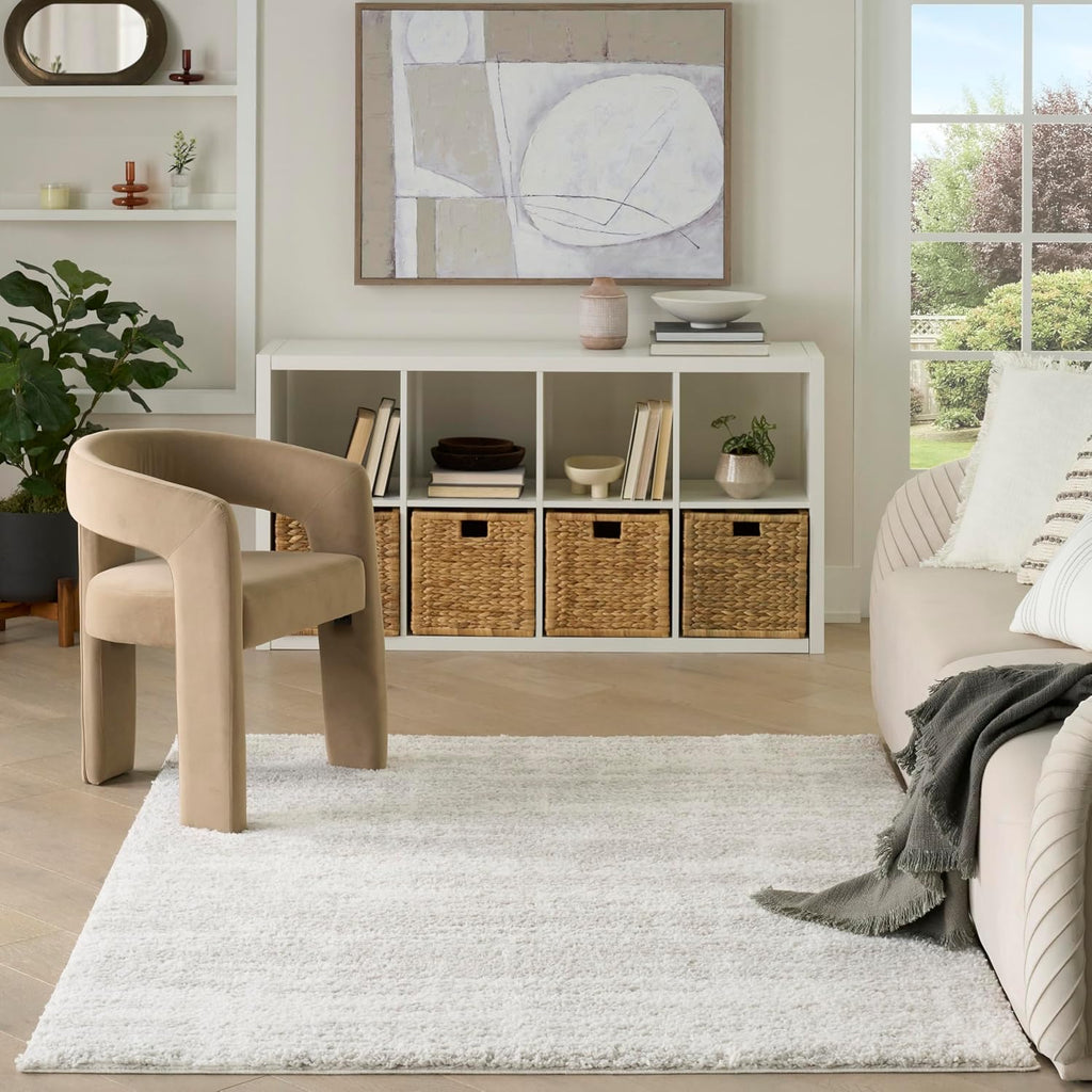 Home Modern Shag Ivory Grey Area Rug - Easy Clean, Non Shedding, Bed Room, Living Room, Dining Room