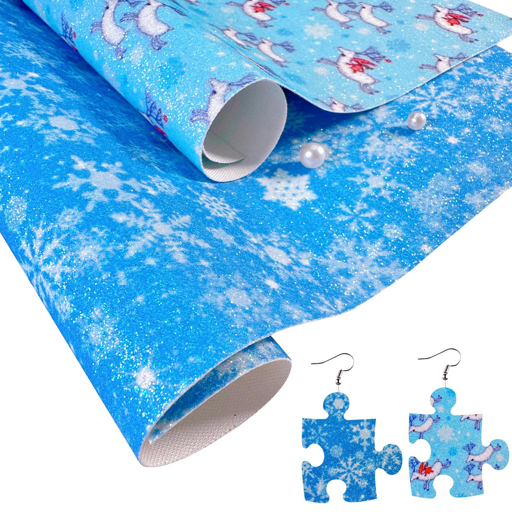 Christmas Snowflake Printed Faux Leather Sheets 8 x 12 Inch, Shiny Fine Glitter Fabric for Bows, Crafts, Earrings