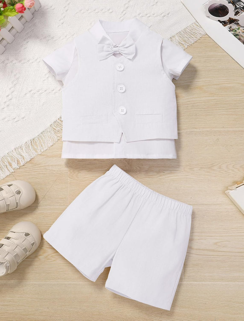 Toddler Baby Boys Formal Suit Set with Dress Shirt + Bowtie + Vest + Pants Piece Gentleman Wedding Tuxedo Outfits