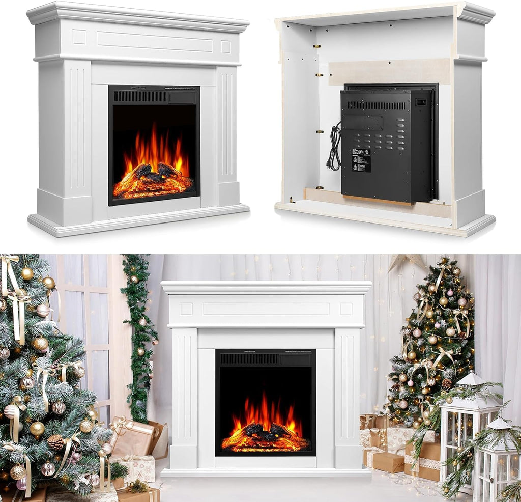 43. 39" Fireplace TV Stand with Mantel - Electric Fireplace Heater, Wooden Entertainment Center, Adjustable LED Flame