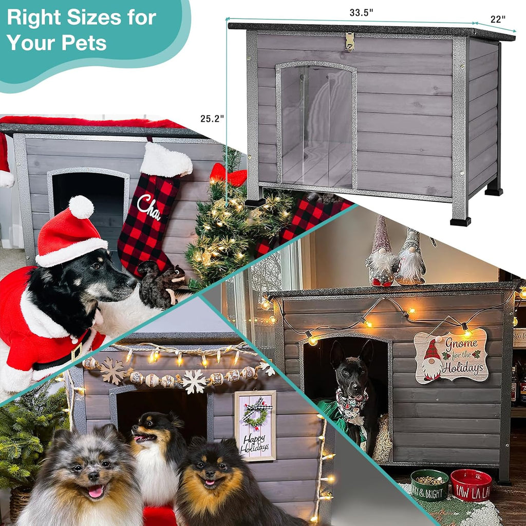 Indoor Outdoor Dog House, Anti-Chewing Iron Frame Dog Kennel, Wood Warm Pets Home, Weatherproof Outside Shelter