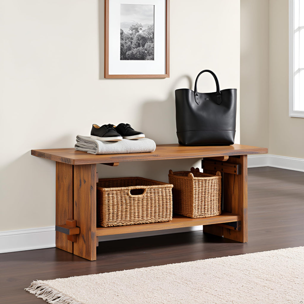 Bethel Rustic Solid Wood Entryway Bench with Shelf, Natural