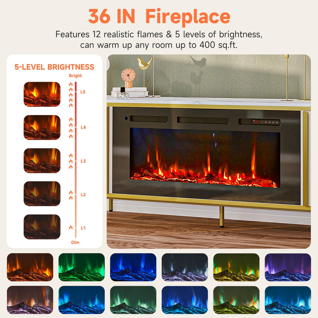 Luxury Fluted TV Stand with Fireplace, 70 inch, White