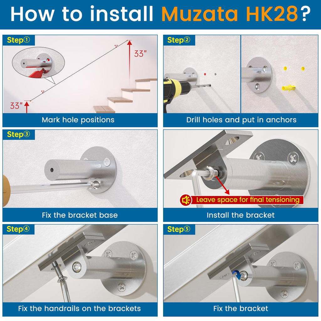 5FT Stainless Steel Stair Handrail Rectangular Wall-Mount HK28 SL4