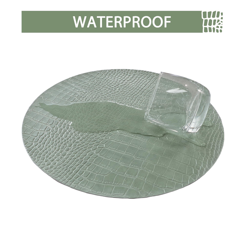 Round Leather Placemats for Round Tables Set of 8, Green Place Mats and Coasters, Wipeable Waterproof Heat Resistant