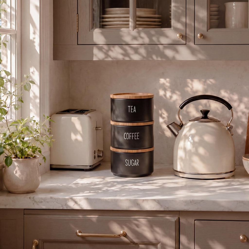 Coffee Tea Sugar Container Set, Stackable Tea Coffee Sugar Canister Set with Bamboo Lids, Airtight Kitchen Canisters