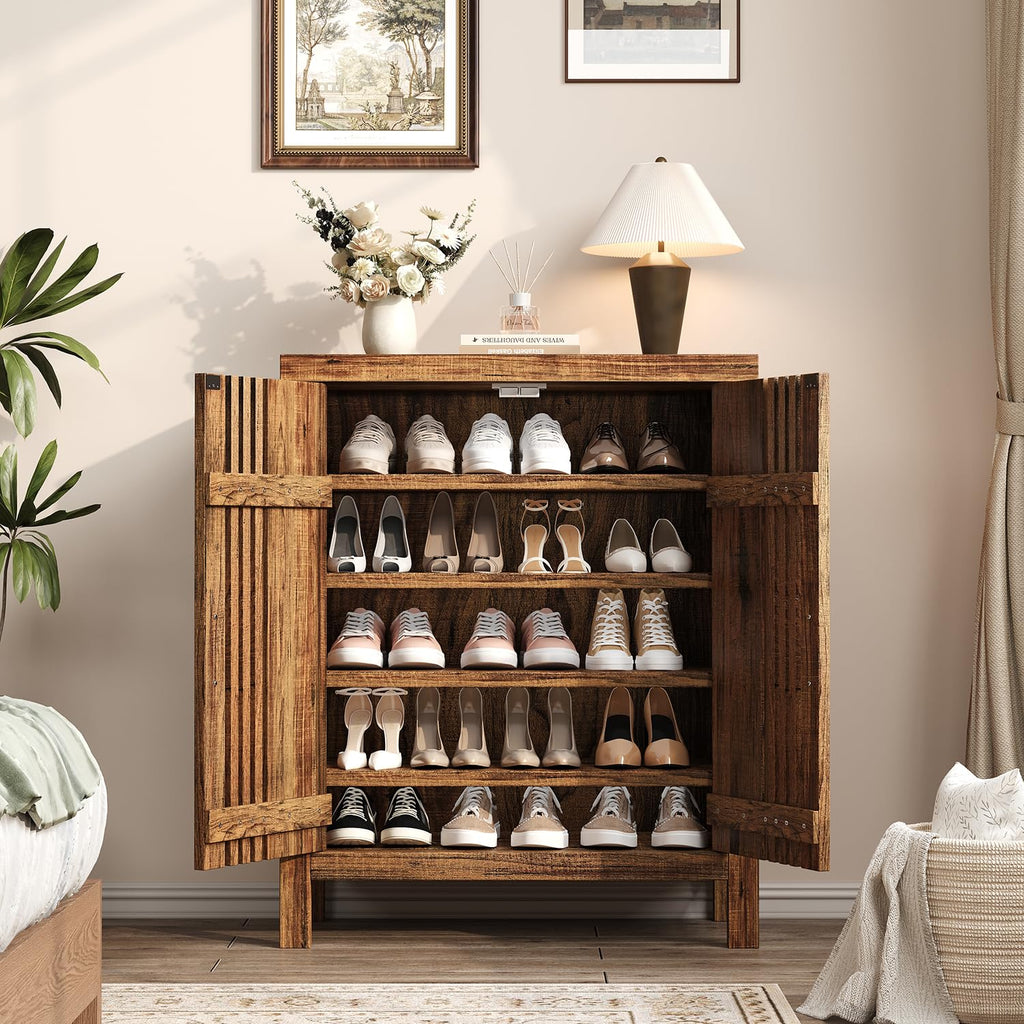 Wooden Shoes Cabinet with Adjustable Shelves, Retro Freestanding Shoe Organizer Cabinet Hallway Living Room, 5-Tier