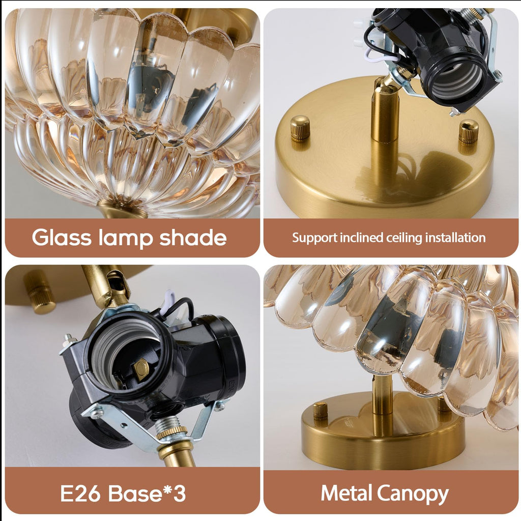 Semi Flush Mount Ceiling Light, 12 Inch Vintage Gold Fixture with Amber Glass Shade, 3-Light Close to Ceiling