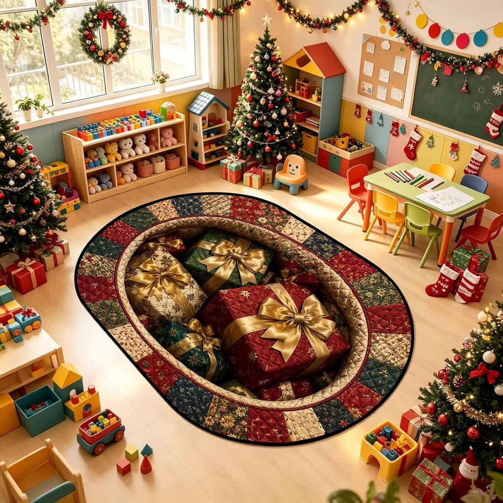 3D Gift Box Christmas Oval Rug Hole Optical Illusion Quilted Decor