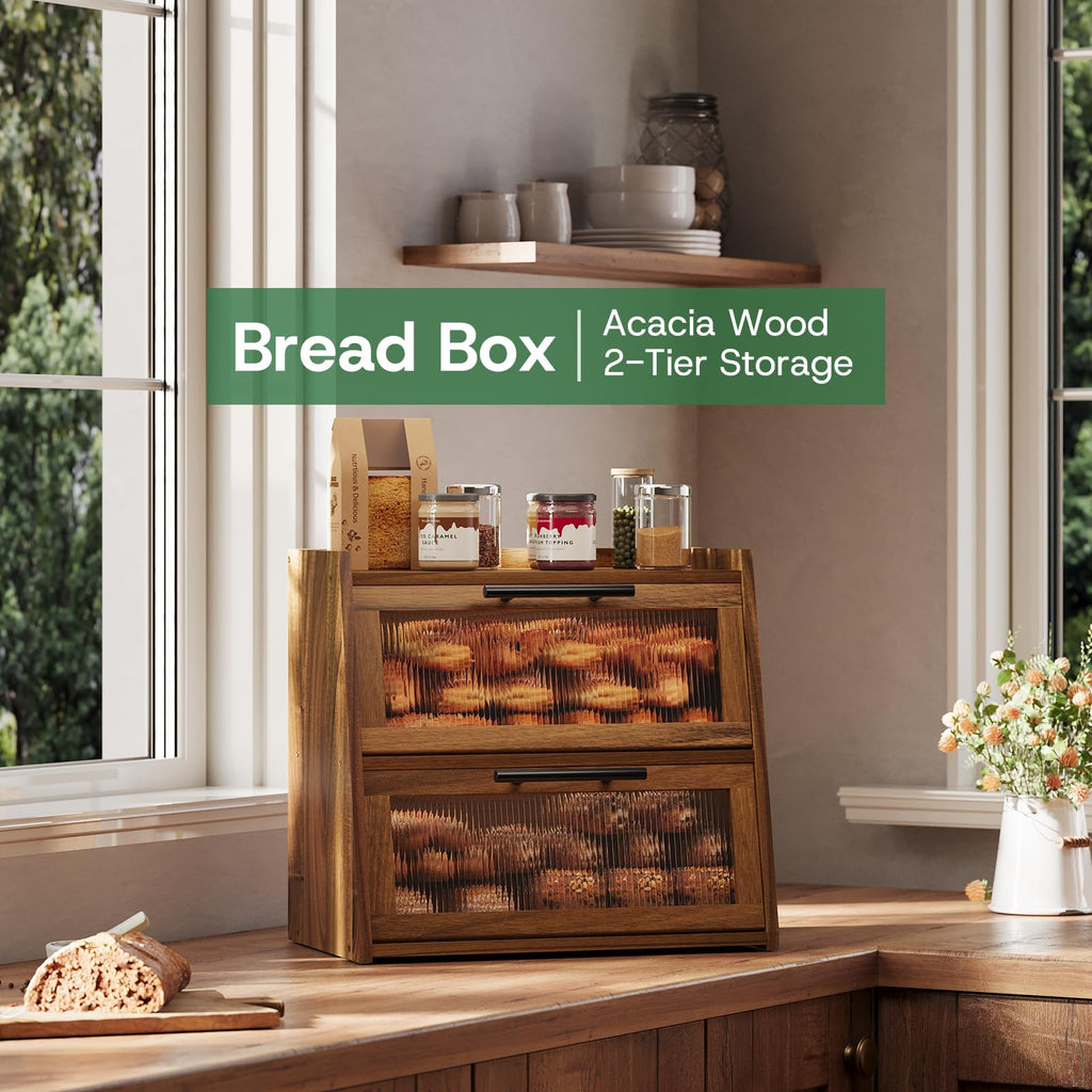 Countertop - Acacia Wood, Wavy Acrylic Door, 2-Layer Bread Storage Container, Large Bread Holder